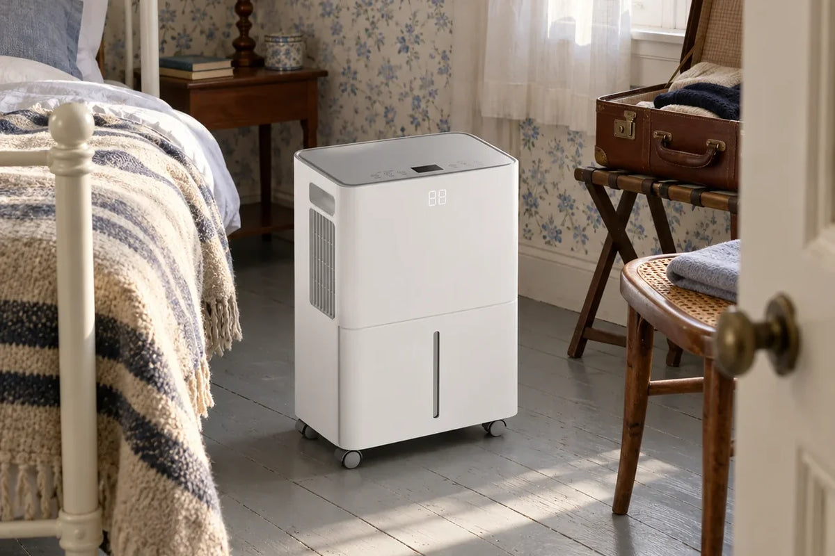 Déshumidificateur pour chambre au pied d'un lit en fer, dans une chambre au papier peint fleuri