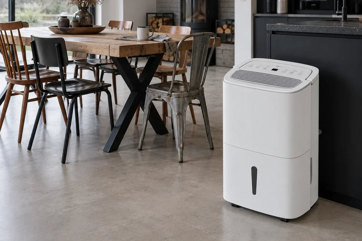 Déshumidificateur pour maison dans une grande pièce de vie, près de la table à manger et du poêle