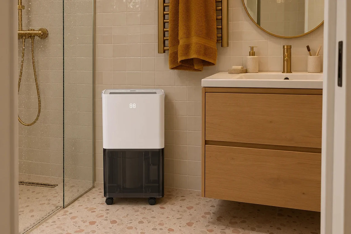 Déshumidificateur pour salle de bain posé à côté de la douche, sol en terrazzo et meuble vasque en chêne