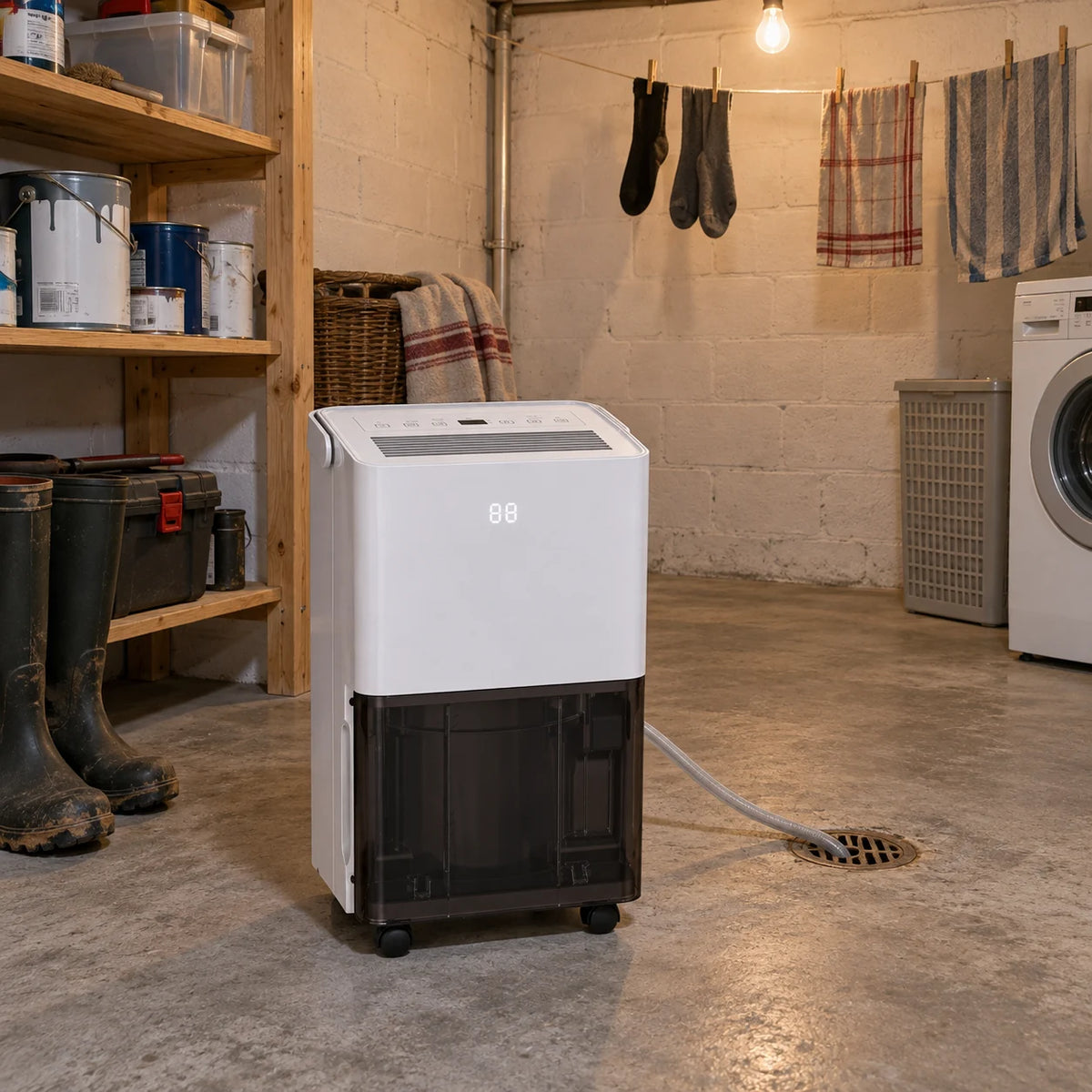 Déshumidificateur 10 L dans une buanderie de sous-sol, tuyau court vers le siphon, linge étendu