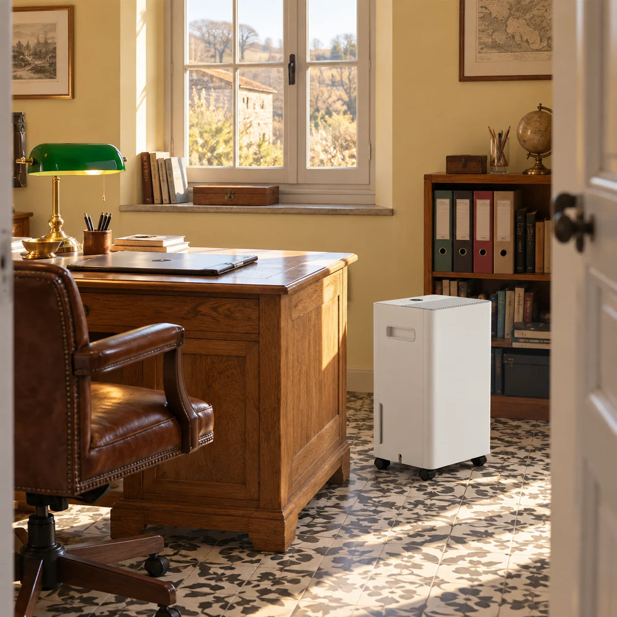 Déshumidificateur 10 L posé au sol à côté d'un bureau en chêne, sol en carreaux de ciment
