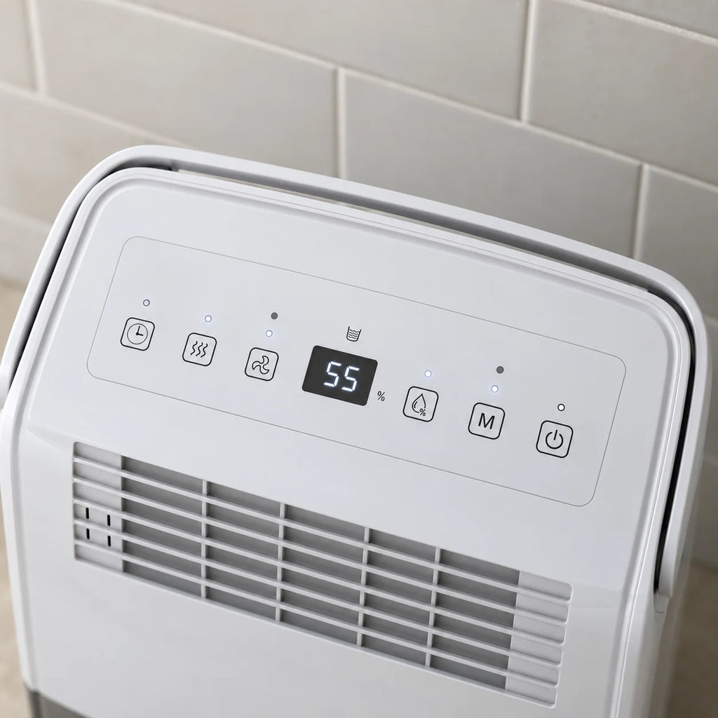 Panneau du déshumidificateur pour salle de bain : hygrostat, vitesse, minuterie et nettoyage