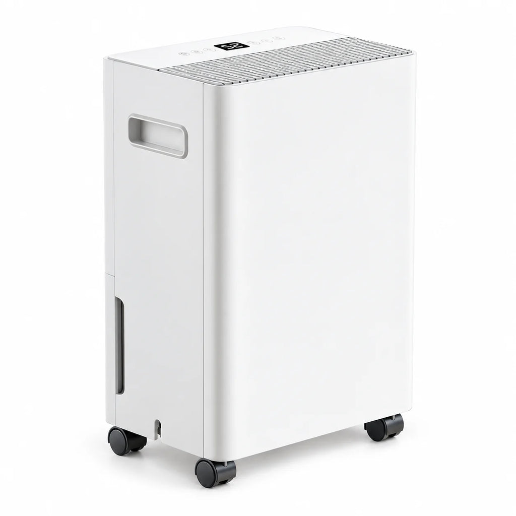 Déshumidificateur à compresseur 10 litres avec pompe de vidange, blanc, poignées dans les flancs