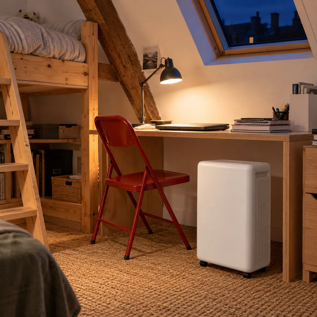 Déshumidificateur 10 L sous le bureau d'un studio sous les toits, lit mezzanine en pin