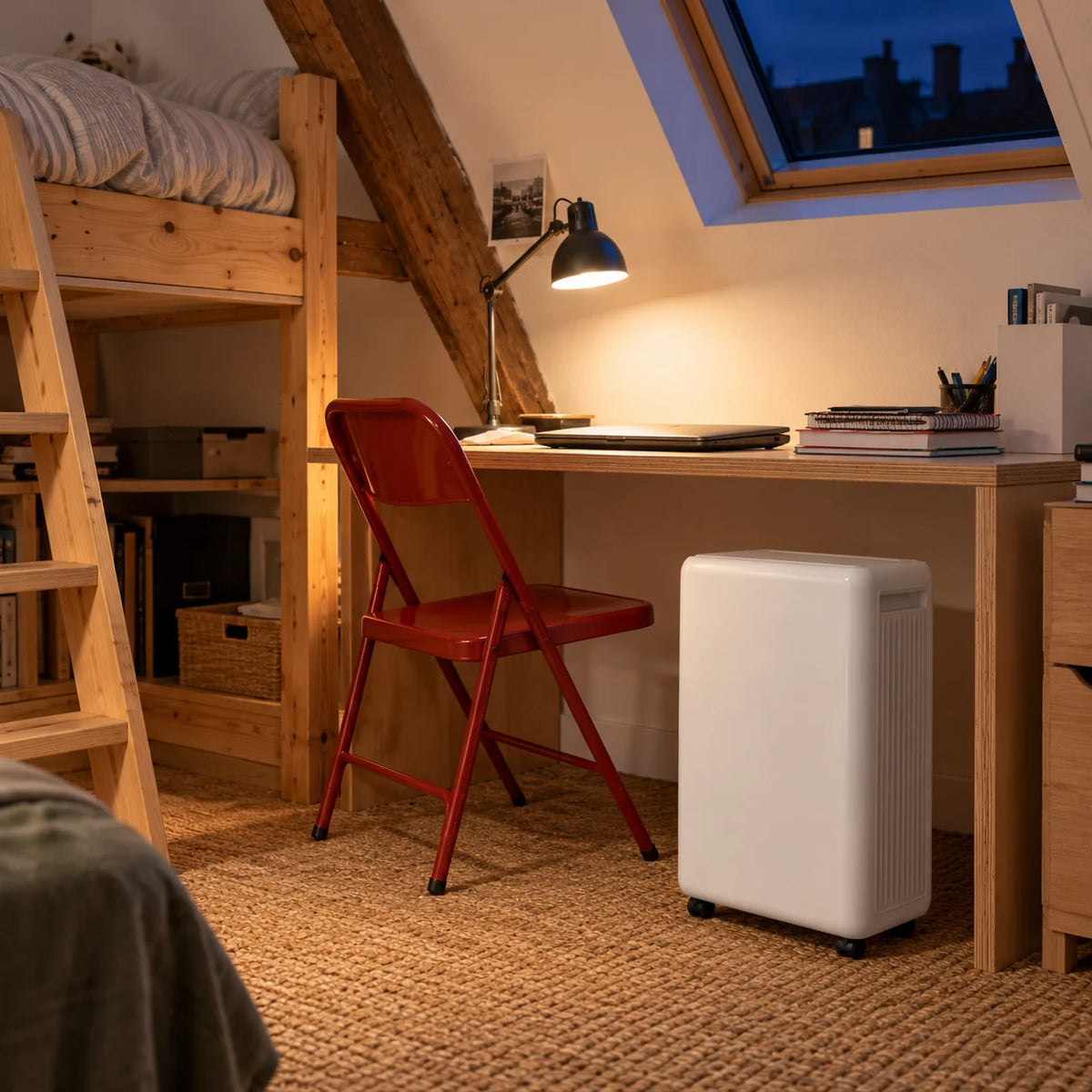 Déshumidificateur 10 L sous le bureau d'un studio sous les toits, lit mezzanine en pin