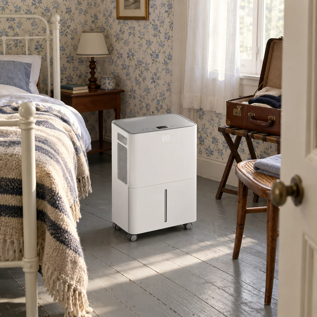 Déshumidificateur électrique au pied d'un lit en fer dans une chambre d'amis