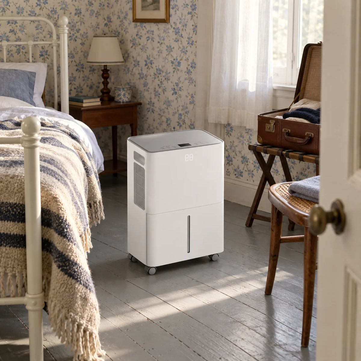 Déshumidificateur électrique au pied d'un lit en fer dans une chambre d'amis