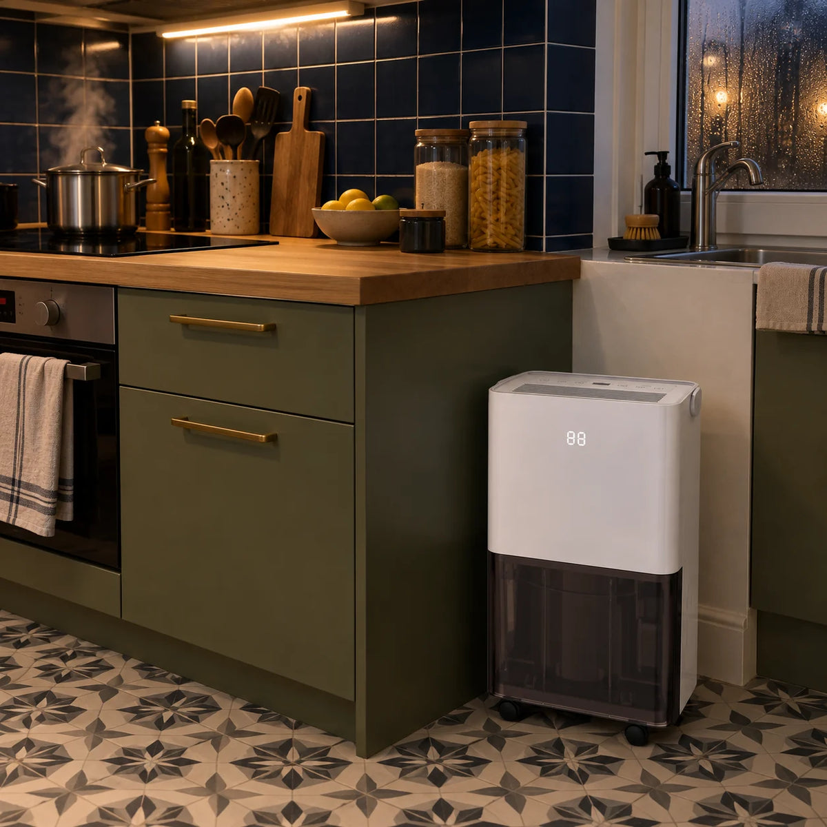 Déshumidificateur électrique 12 L au pied du plan de travail d'une cuisine vert olive