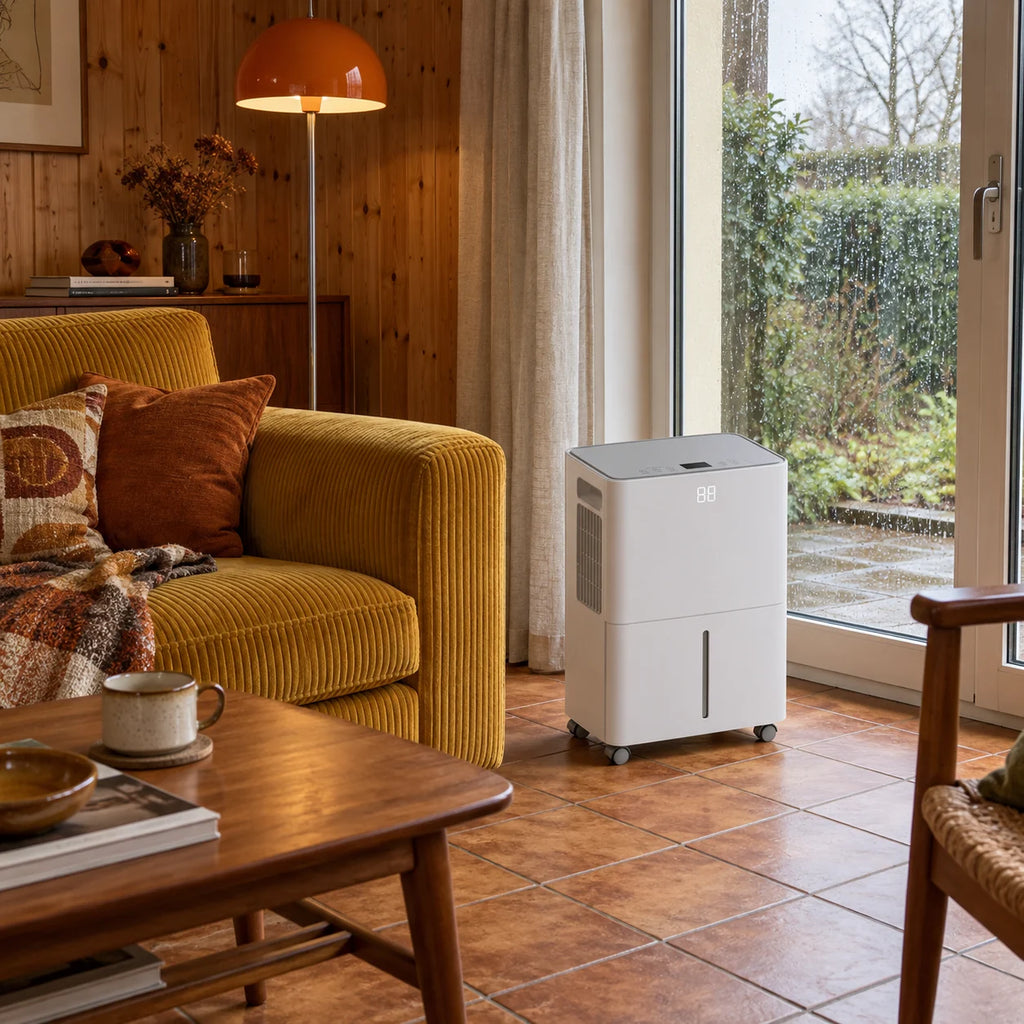 Déshumidificateur 12 L dans un séjour des années 70, près d'une porte-fenêtre sous la pluie
