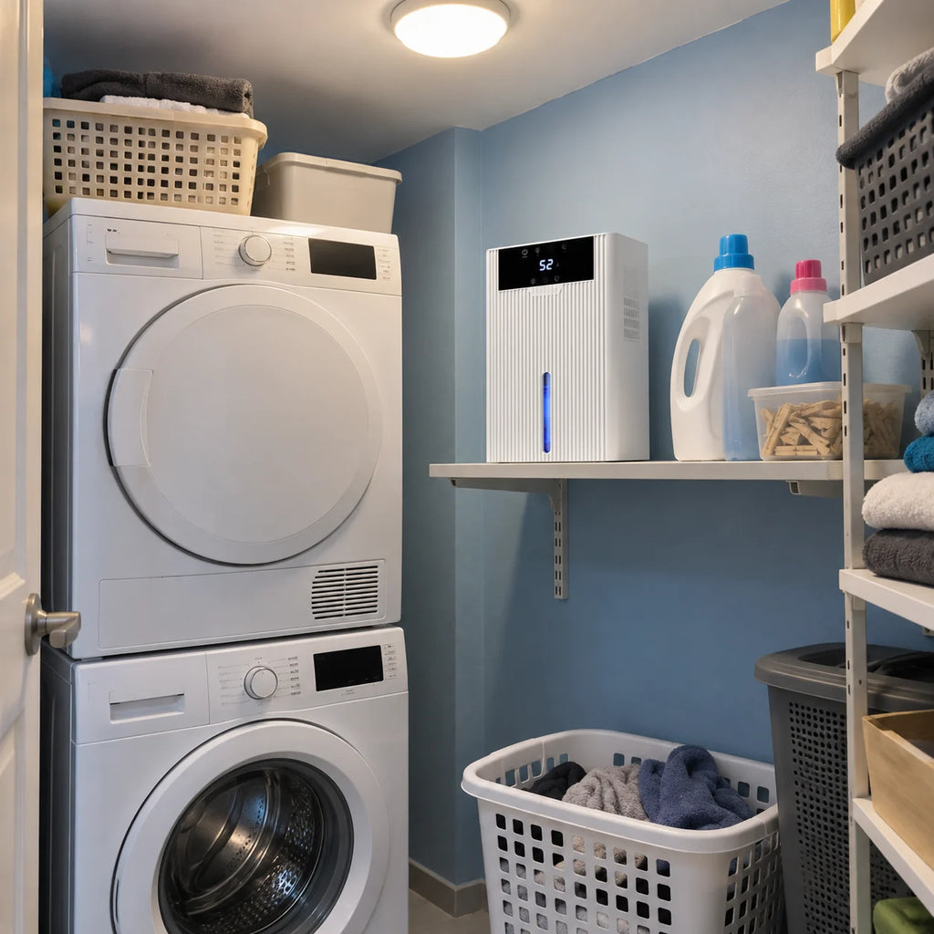 Déshumidificateur blanc à grand réservoir sur une étagère de buanderie, à côté du lave-linge