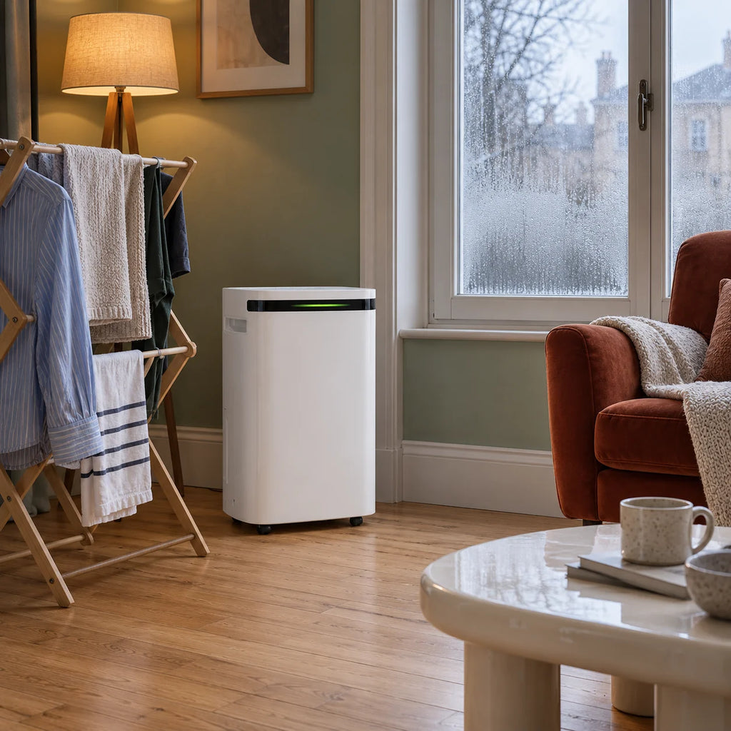 Déshumidificateur 20 L dans le séjour d'une maison, à côté d'un étendoir, fenêtre couverte de buée