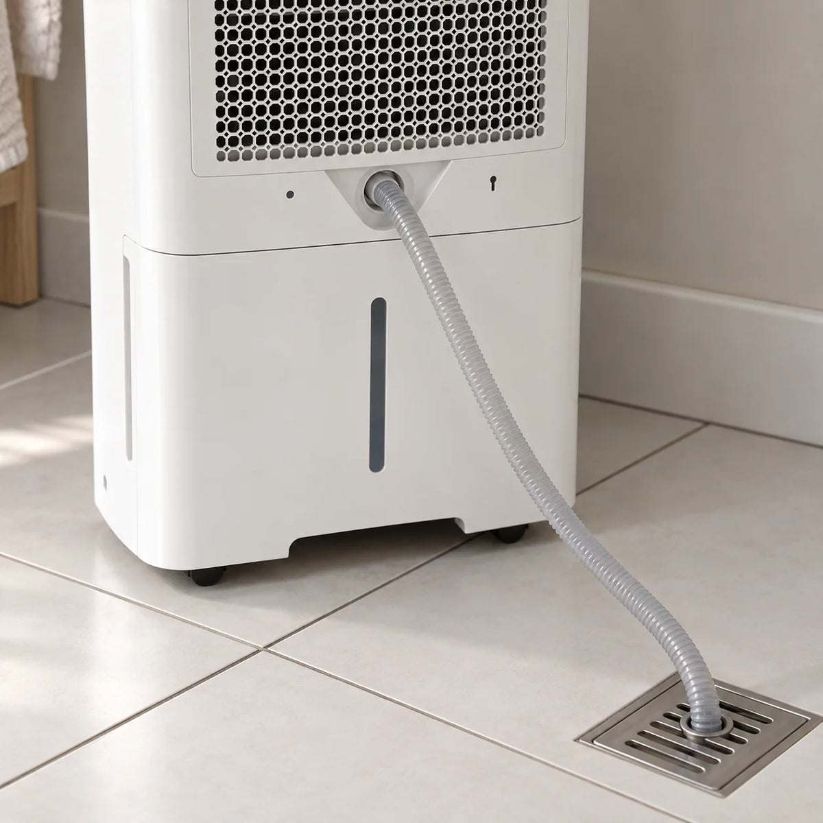 Tuyau d'évacuation continue raccordé au déshumidificateur 20 L et dirigé vers un siphon de sol