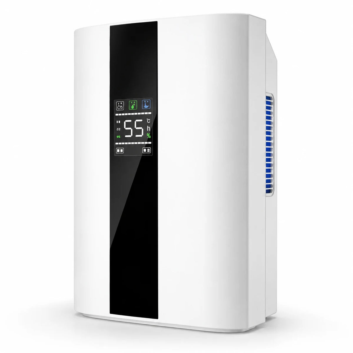 Déshumidificateur Aura Air Home Confort blanc vu de trois quarts, écran digital affichant 55 % d'humidité
