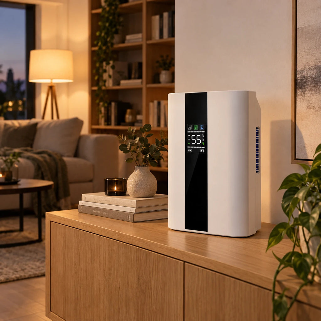 Déshumidificateur Aura Air Home Confort 25 dB sur un meuble bas de salon, en soirée