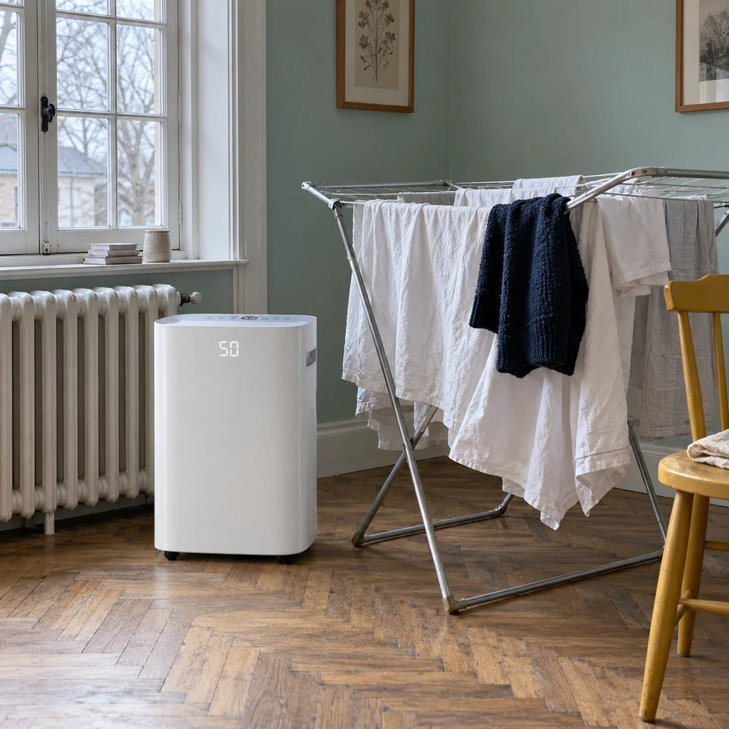 Déshumidificateur 25 L posé à côté d'un séchoir chargé de draps, dans une pièce au parquet ancien