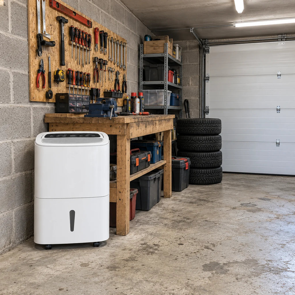 Déshumidificateur 50 L posé au sol d'un garage, au pied d'un établi en bois