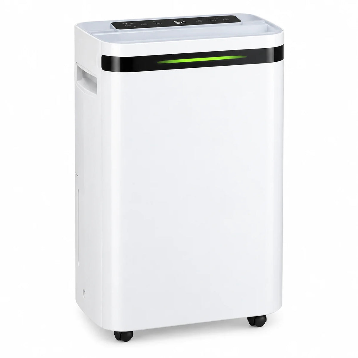 Déshumidificateur d'air 20 litres par jour, blanc, bande noire et lumière verte en haut de façade