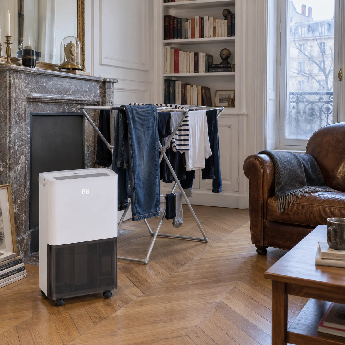 Déshumidificateur pour appartement près d'un étendoir dans un salon haussmannien