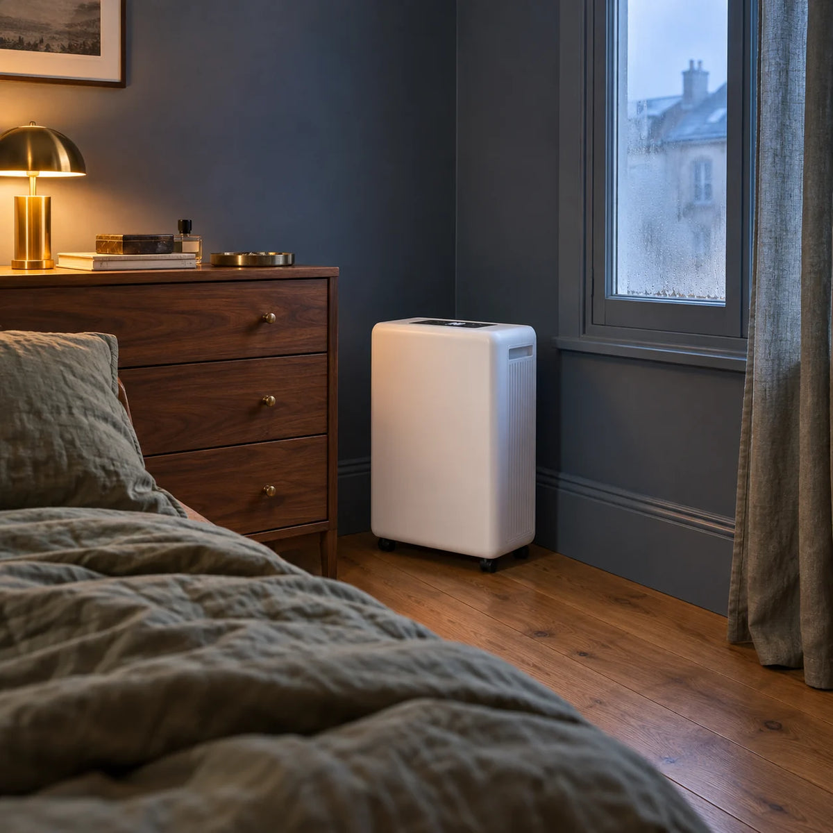 Déshumidificateur pour chambre posé entre une commode en noyer et le mur, vitre embuée au fond