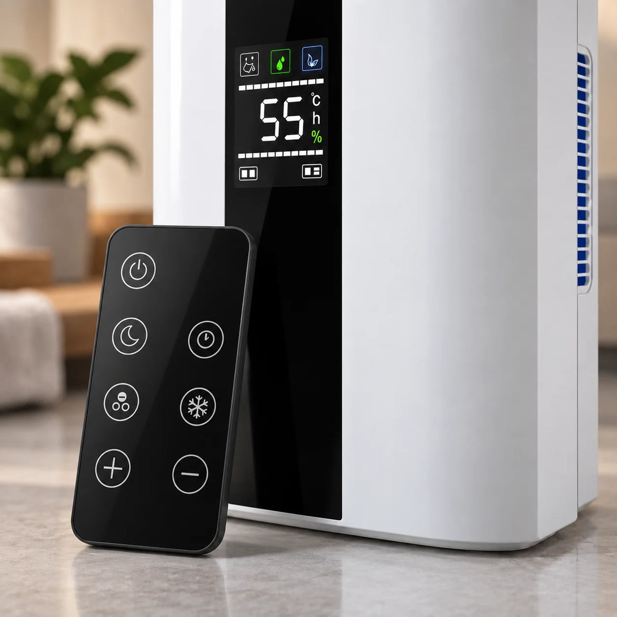 Télécommande noire devant l'écran digital du déshumidificateur Aura Air Home Confort