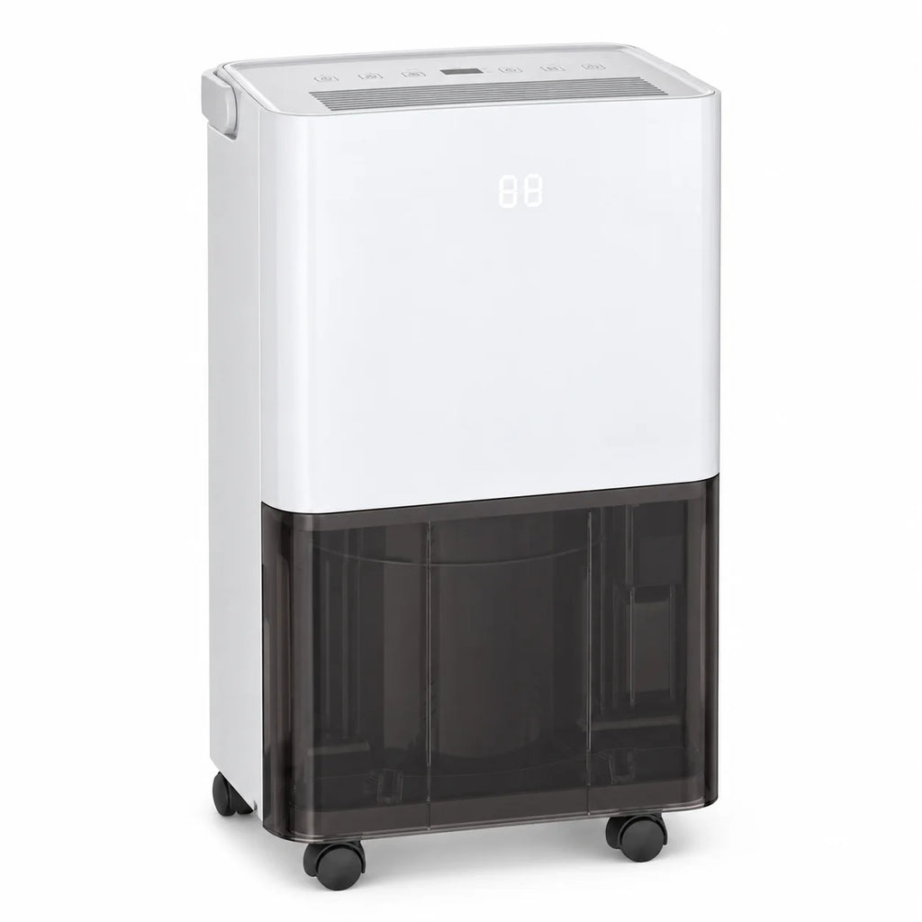 Déshumidificateur électrique 12 litres pour appartement, blanc et bac gris fumé, poignée