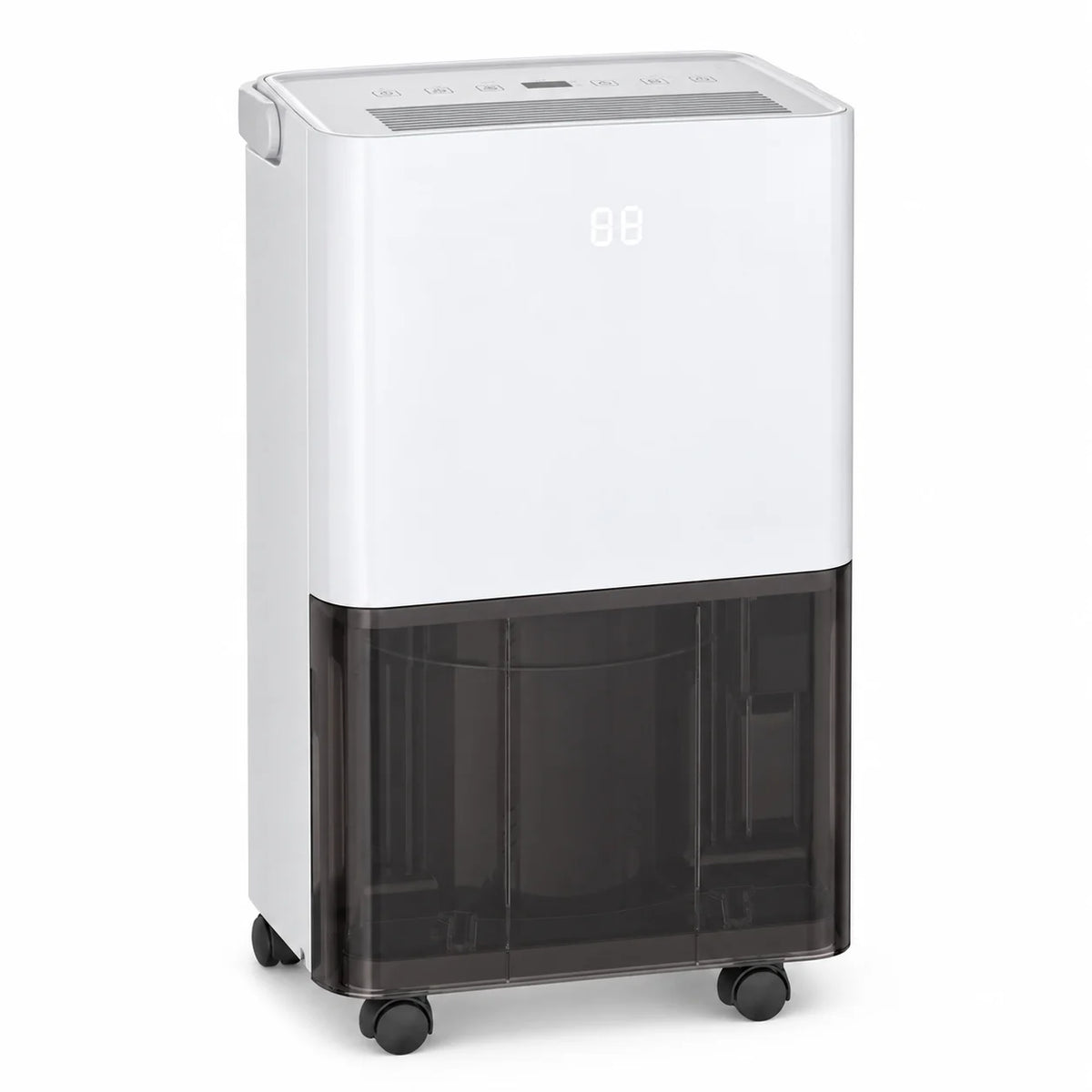 Déshumidificateur électrique 12 litres pour appartement, blanc et bac gris fumé, poignée