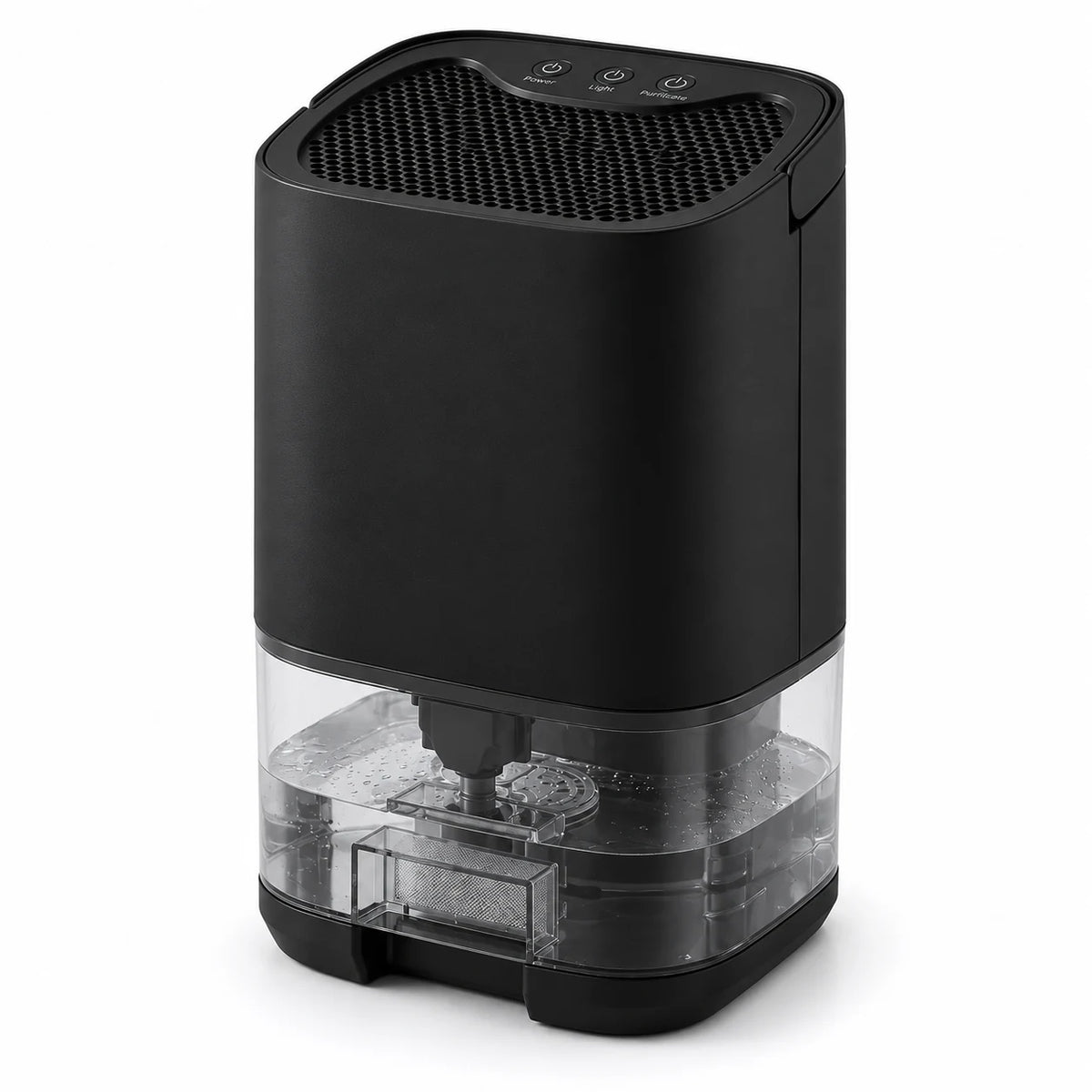 Déshumidificateur compact Aura Air Home Standard noir, 500 ml par jour, réservoir transparent visible
