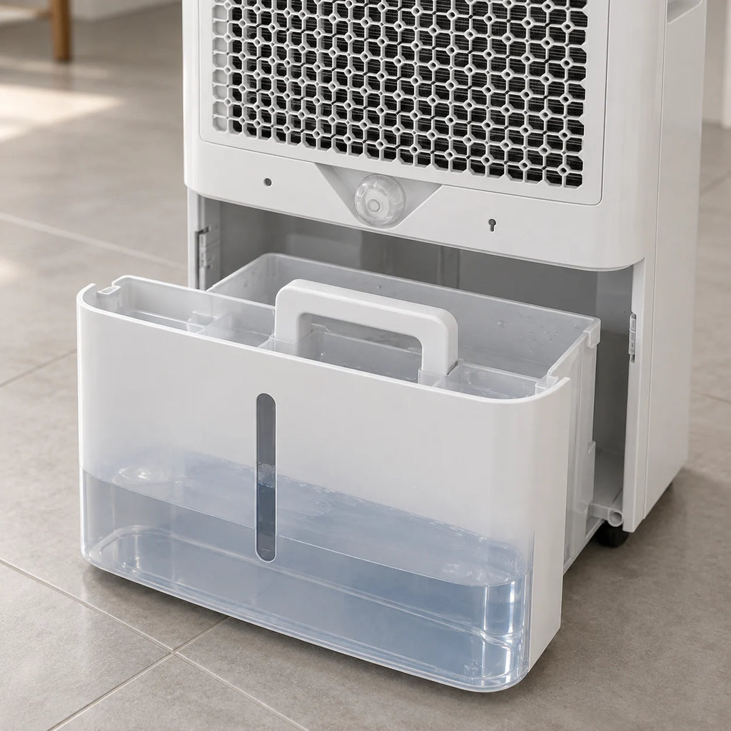 Réservoir de 5 litres à moitié sorti du déshumidificateur à compresseur, eau visible