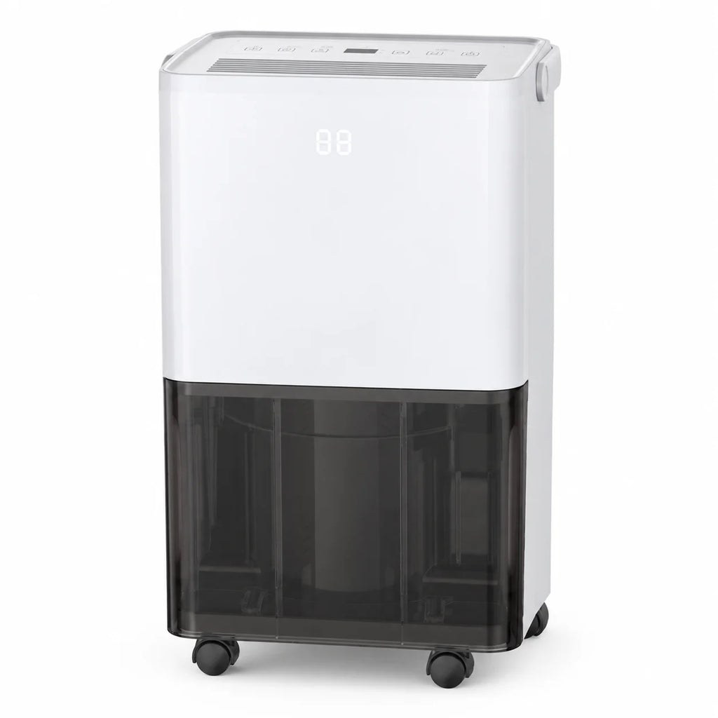 Déshumidificateur pour salle de bain à compresseur 10 litres, blanc et bac gris fumé