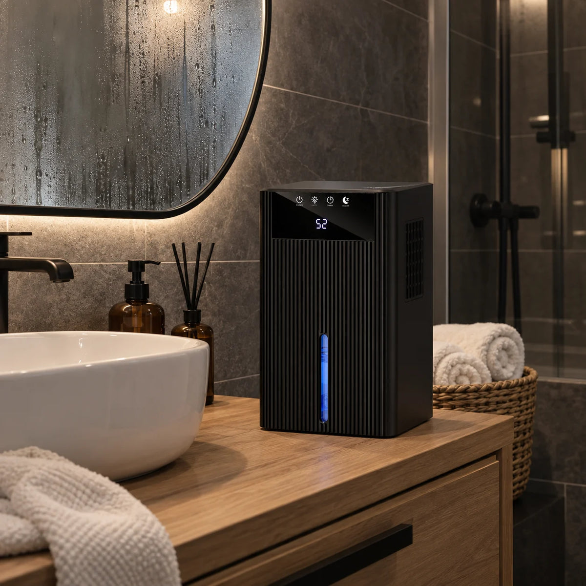 Déshumidificateur noir sur le plan d'une salle de bain sans fenêtre, miroir couvert de buée