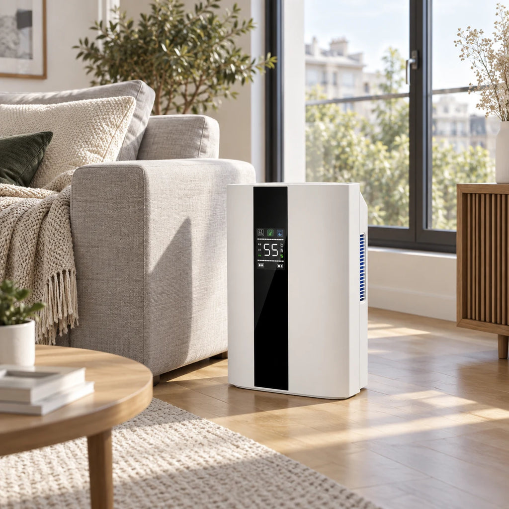 Déshumidificateur Aura Air Home Confort, 2 200 ml par jour, posé au sol près du canapé dans un salon