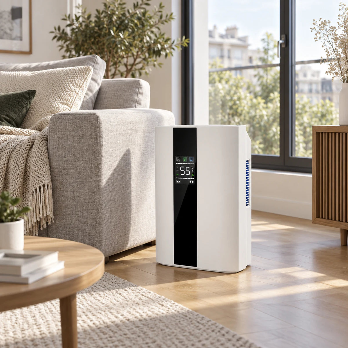 Déshumidificateur Aura Air Home Confort, 2 200 ml par jour, posé au sol près du canapé dans un salon