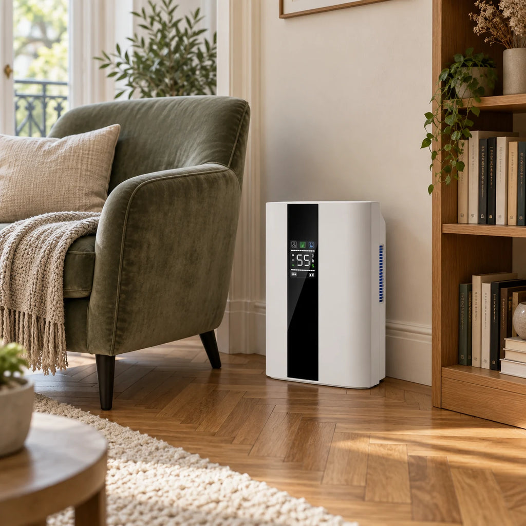 Déshumidificateur Aura Air Home Confort dans un coin lecture de salon, entre un fauteuil et une bibliothèque