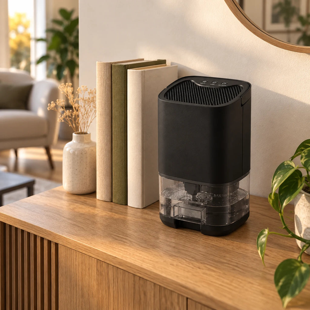 Déshumidificateur Aura Air Home Standard noir sur une console en bois, entre des livres et un vase, dans un salon