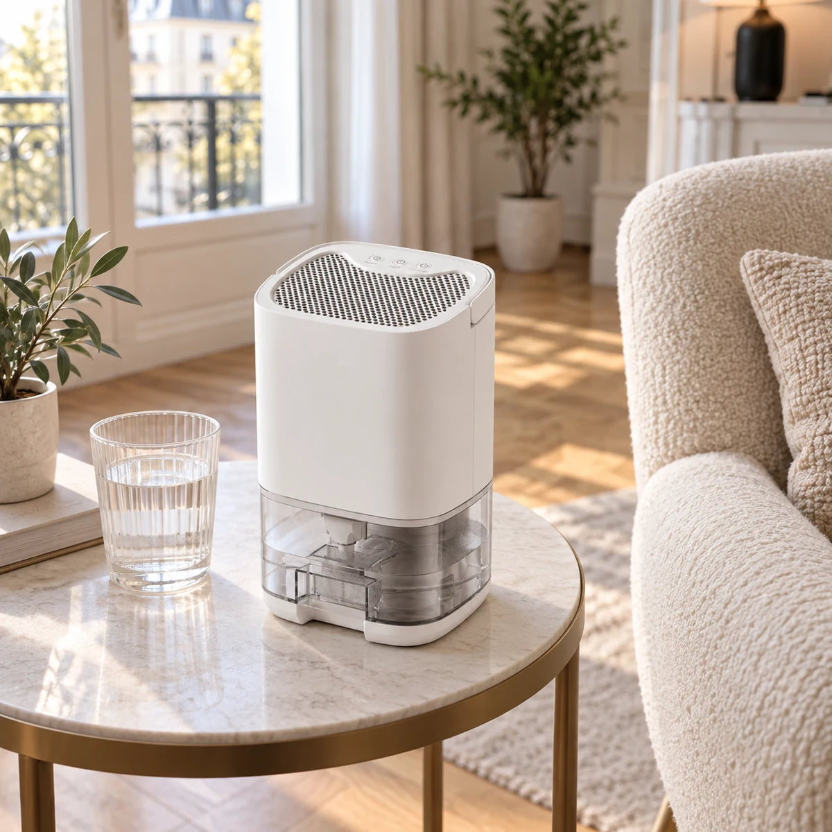 Déshumidificateur Aura Air Home Standard blanc de 21 cm sur une table d'appoint, près d'un fauteuil de salon