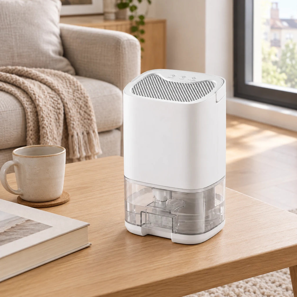 Déshumidificateur Aura Air Home Standard blanc posé sur la table basse d'un salon, à côté d'une tasse