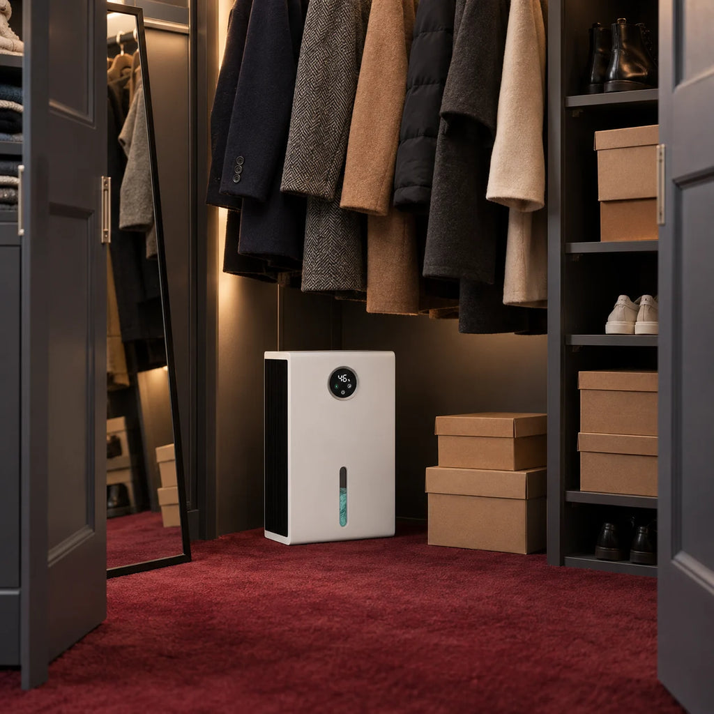 Petit déshumidificateur électrique au sol d'un dressing, sous une penderie de manteaux