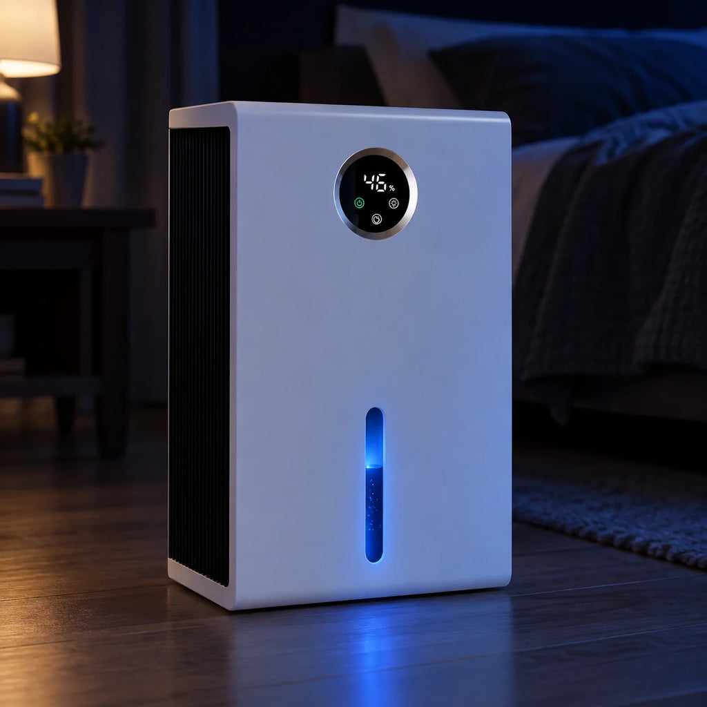 Déshumidificateur thermoélectrique allumé dans une chambre sombre, éclairage bleu doux