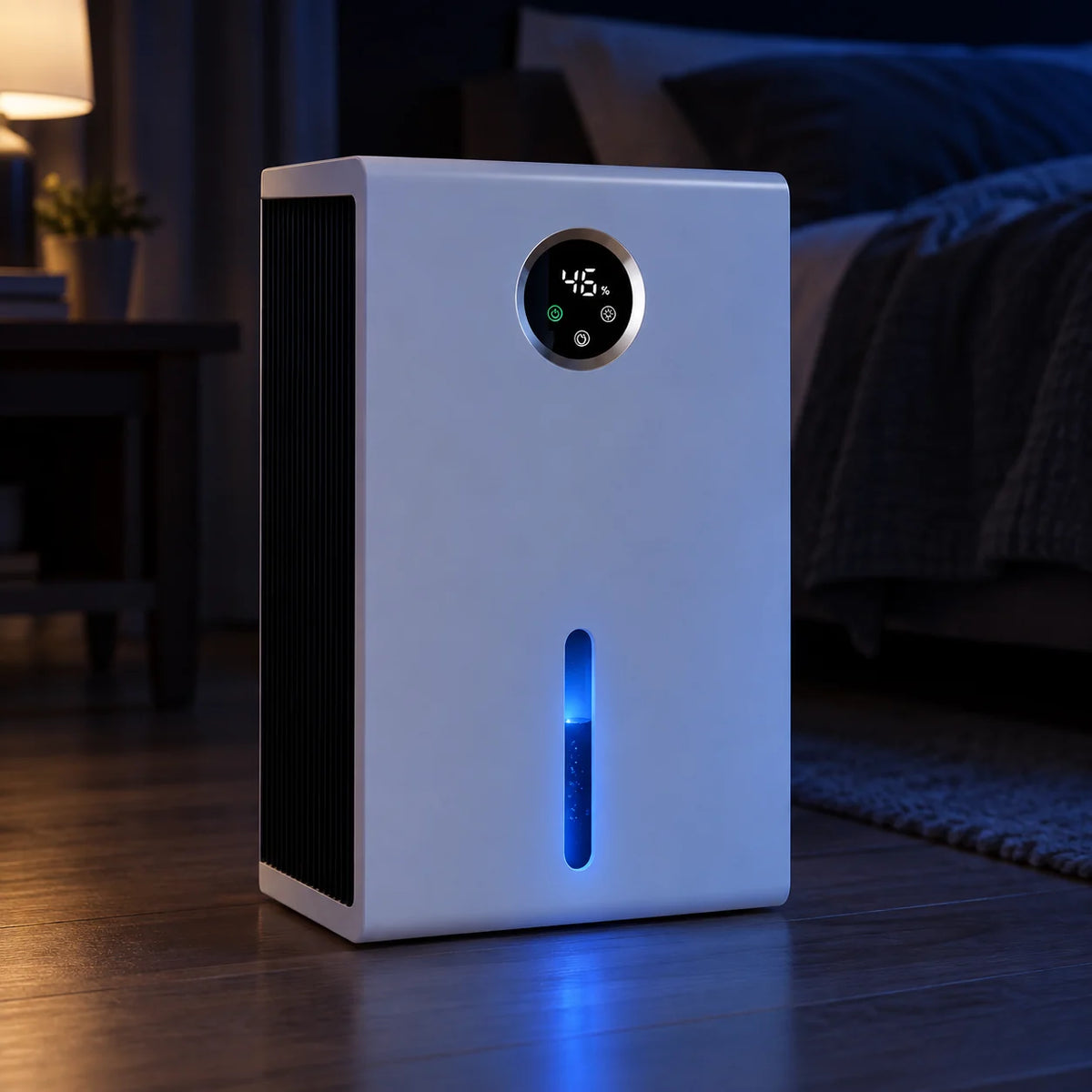 Déshumidificateur thermoélectrique allumé dans une chambre sombre, éclairage bleu doux