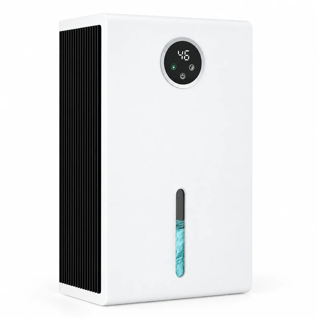 Déshumidificateur thermoélectrique blanc à flanc noir strié, écran rond, 1,18 L par jour