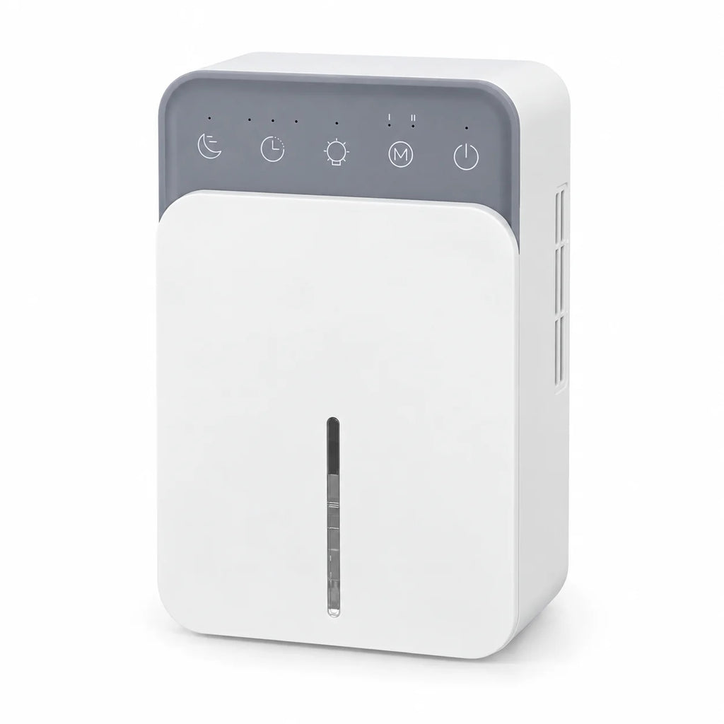 Mini déshumidificateur blanc pour placard, bande grise tactile et ligne lumineuse