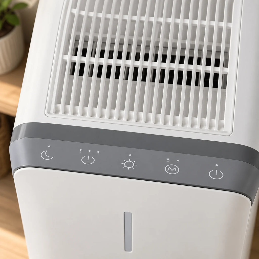 Cinq touches tactiles sur la bande grise du mini déshumidificateur