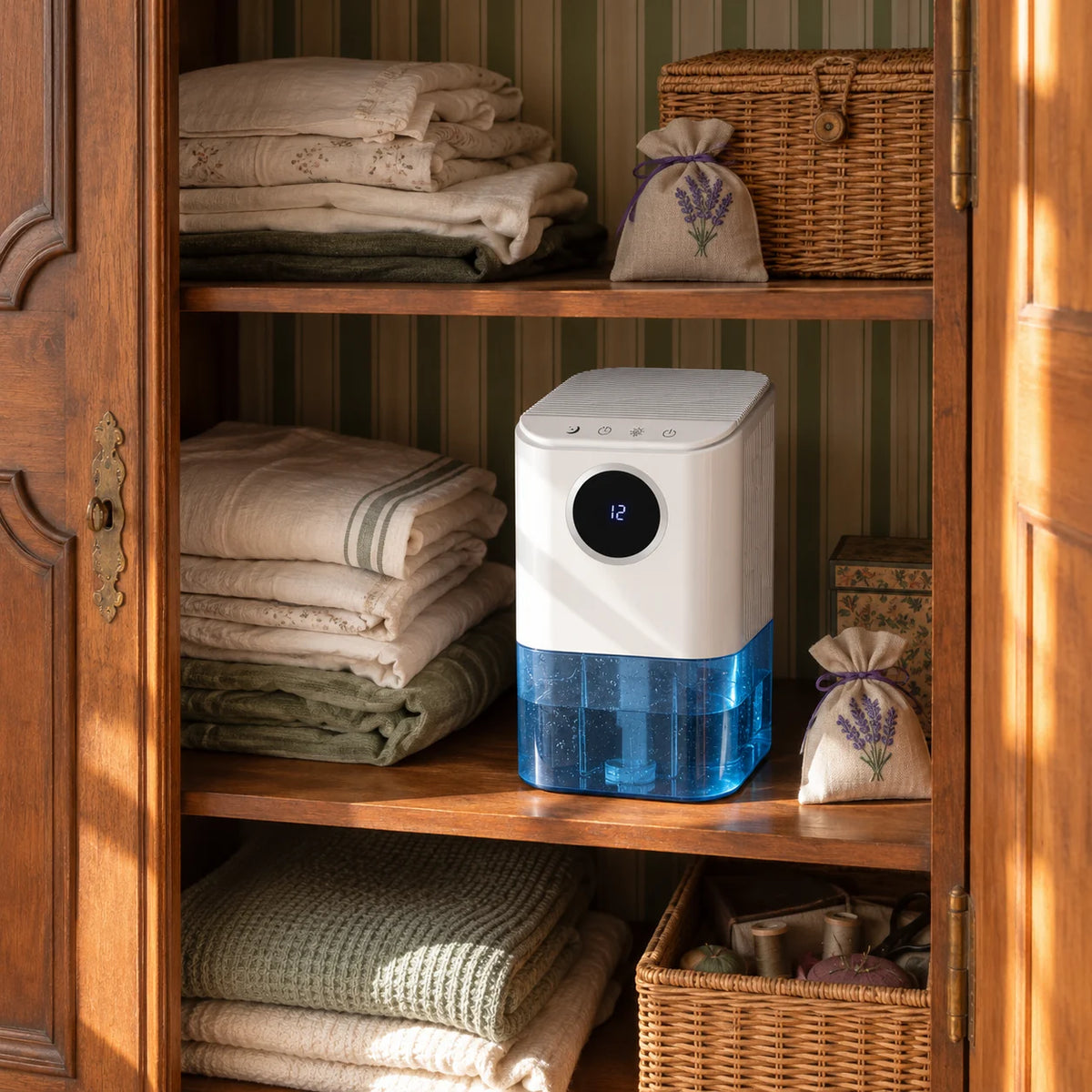 Petit déshumidificateur blanc sur l'étagère d'une armoire ancienne en merisier