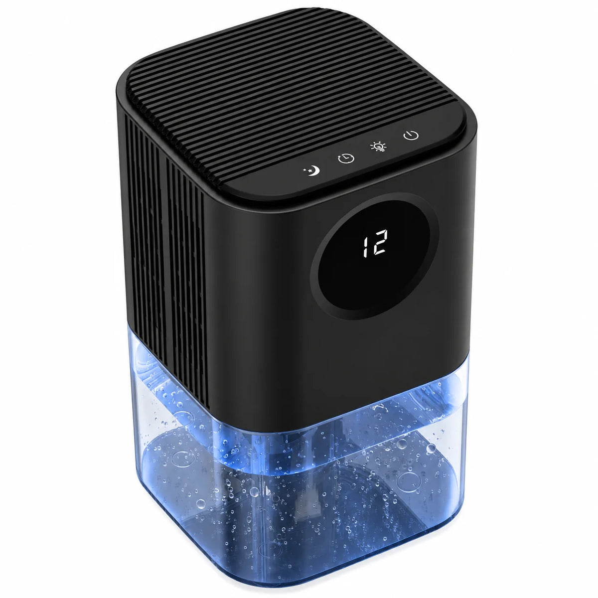 Petit déshumidificateur noir avec minuterie, écran rond et réservoir transparent