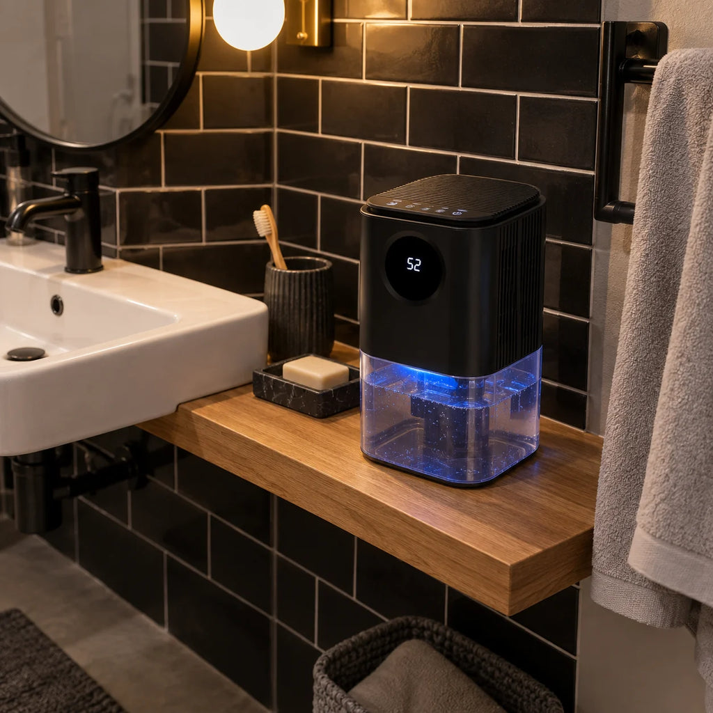 Petit déshumidificateur noir sur une tablette en chêne de salle d'eau carrelée