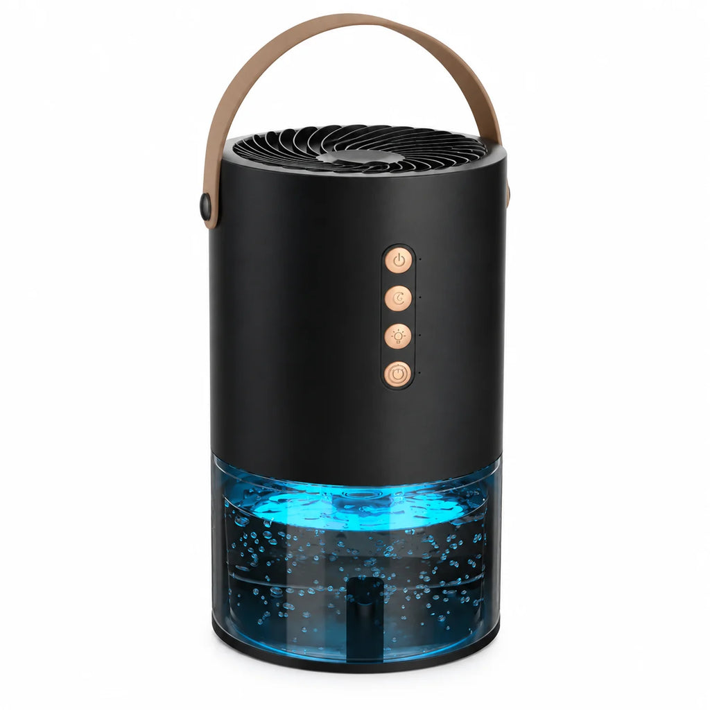 Petit déshumidificateur portable noir à anse fauve, réservoir transparent éclairé en bleu