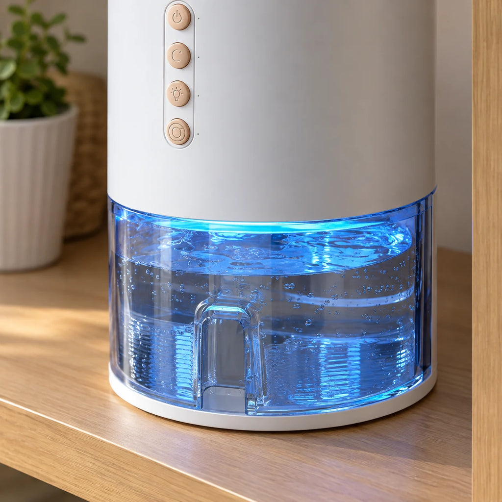 Réservoir d'un litre éclairé en bleu au bas du petit déshumidificateur portable